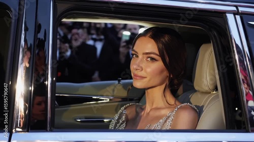 Actress peering through limousine window at fans during red carpet event arrival