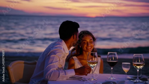 Intimate dusk seaside date with wine glasses Romantic getaway couple enjoying private, affectionate evening by the ocean diner
