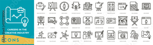 Careers in the Creative Industry icon set. Graphic Design Portfolio, Creative Brief Board, Creative Compass, Photography Studio Setup, Video Editing Suite and Design Canvas
