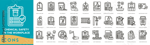 Chemical Safety in the Workplace Icon set. Chemical Hazard Label, Safety Data Sheet, Spill Response Kit, Proper Storage Cabinet, Toxic Material Sign and Chemical Handling Guide