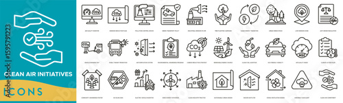 Clean Air Initiatives icon set. Air Quality Monitor, Emission Reduction Plan, Pollution Control Device, Green Transport Policy, Industrial Emission Filter and Tree Planting Campaign