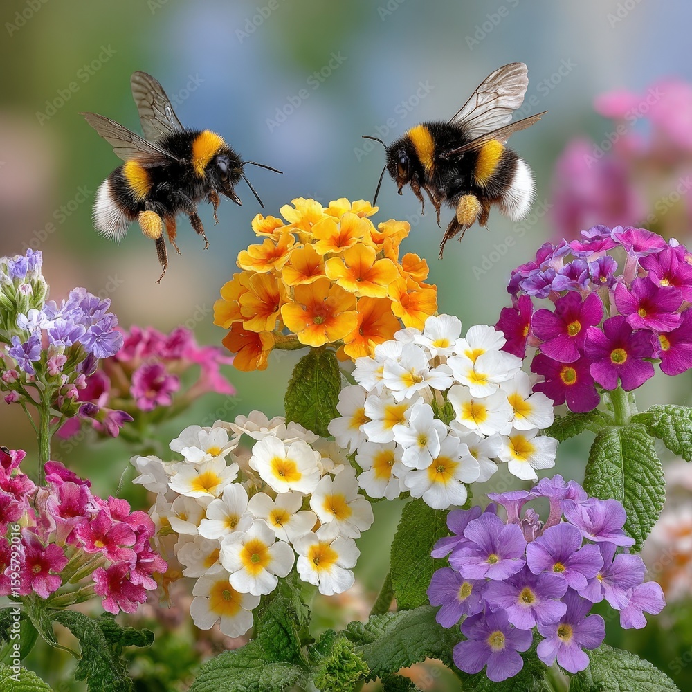 Close-up of two bumblebees collecting nectar from a vibrant cluster of colorful primrose flowers in a lush garden setting during daytime Close-up of two bumblebees collecting nectar from a vibrant cluster of colorful primrose flowers in a lush garden setting during daytime