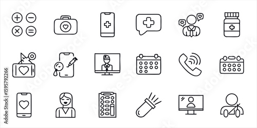 Telemedicine and digital health thin line icon set, featuring symbols for online medical consultation, virtual doctor visits, appointment scheduling, and mobile healthcare applications.