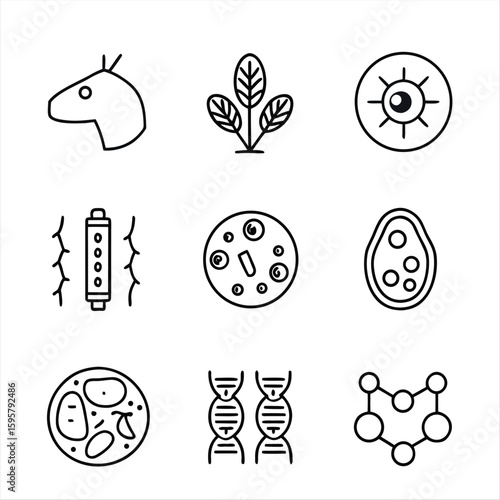 Biology and life science thin line icon collection featuring symbols for dna structure, molecules, various cell types, microorganisms, and plants for scientific and educational illustrations.