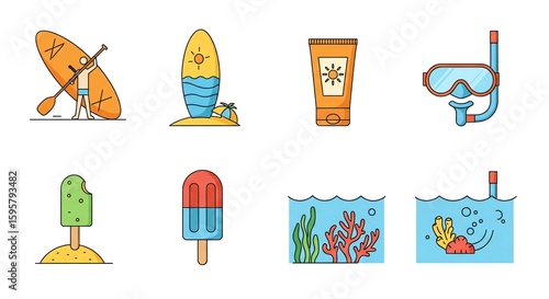 Beach icons summer vacation paddleboarding snorkeling and tropical treats