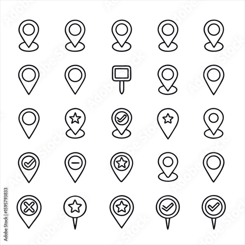 Universal map location pointer and navigation line icon set with favorite star and confirmation checkmark status symbols
