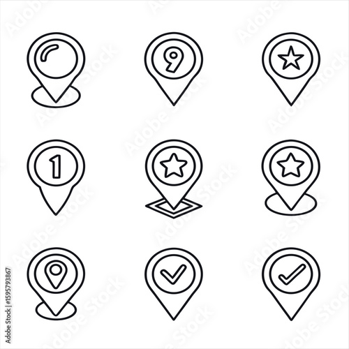 Map location and navigation pointer line icon set with favorite star, ranking number, and checkmark confirmation symbols
