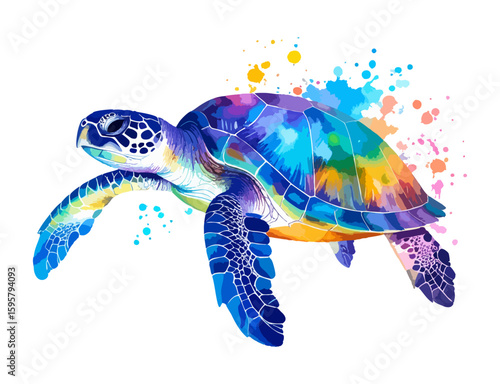 Colorful watercolor swimming turtle