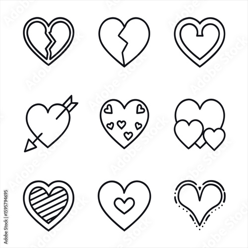 Heart symbols vector line icon set for love romance and heartbreak with cupid arrow and decorative designs
