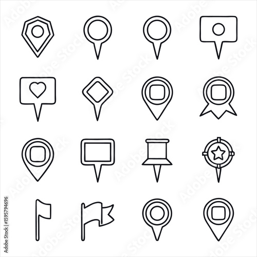 Map location pointer and navigation line icon set with various pin marker flag and target symbols for web and app UI
