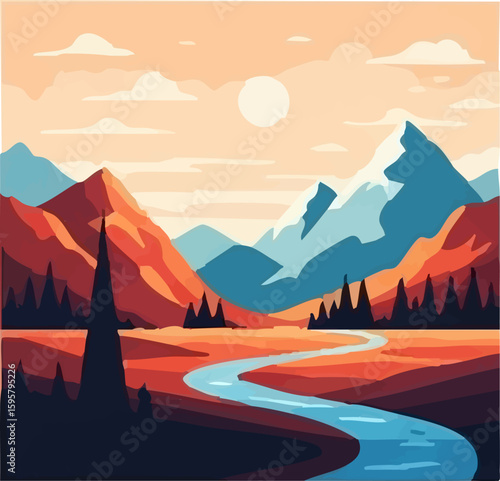 Minimalist vector illustrations of colorful mountain landscapes with river bends and sun/moon skies