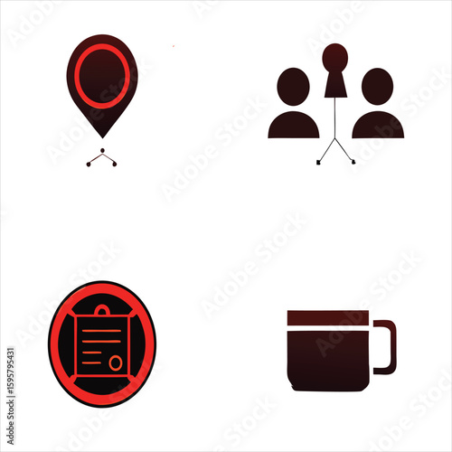 Business process vector icon set with meeting point pin, team key solution, rejected contract, and coffee break mug
