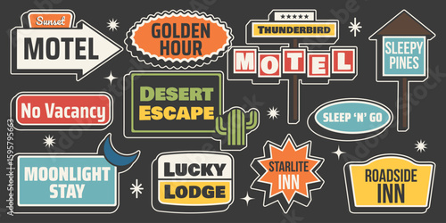 Retro sticker set. Motel signboards, direction arrows and travel symbols in vintage mid century 50s style. Vector illustration on dark background