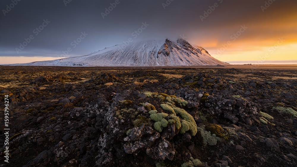 Fototapeta premium Dramatic icelandic landscape with snowcapped mountain and lava field