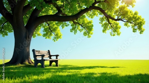 Fototapeta Naklejka Na Ścianę i Meble -  Serene park bench beneath the shade of a majestic tree on a sun-drenched grassy field, a tranquil summer scene