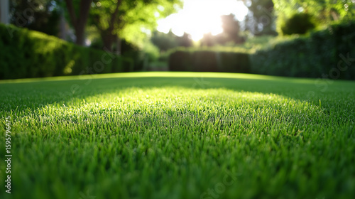 Fototapeta Naklejka Na Ścianę i Meble -  A lush green lawn in a park with a spotlight of sun on the grass. perfect for concepts of nature, growth, or a perfect garden