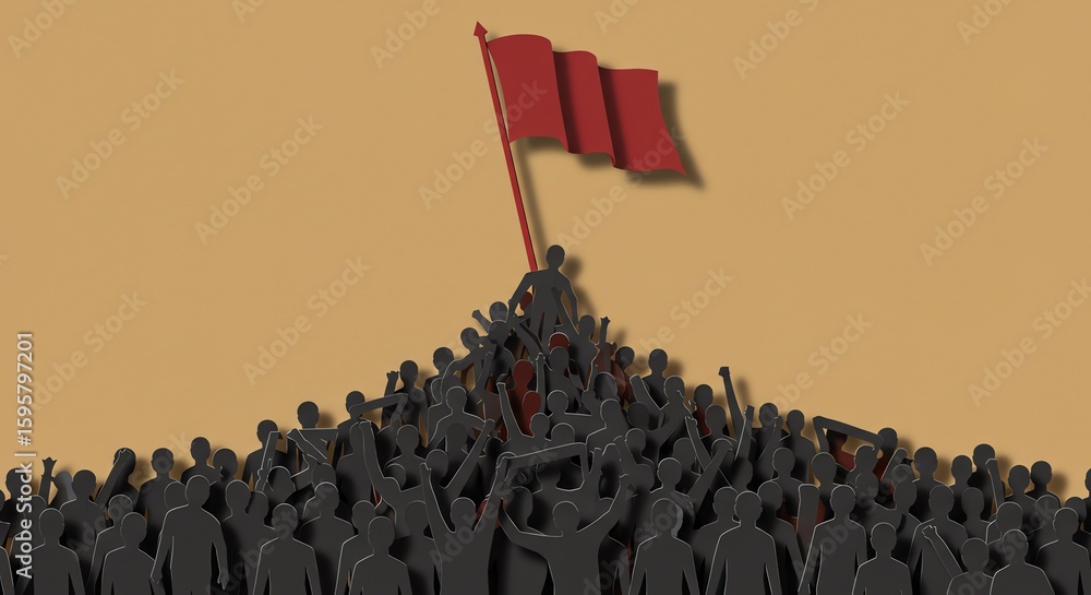 Fototapeta premium Crowd with leader and flag symbolizes unity and power
