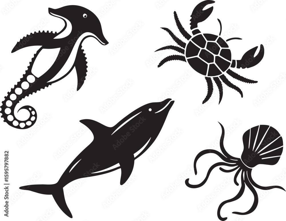 Fototapeta premium Sea Creatures Silhouette Bundle Ocean Animal Vector Pack