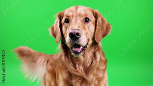 Golden Retriever Dog Eating and Licking on Green Screen Close-up