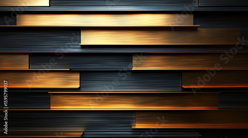 A modern, abstract wall texture of layered dark and gold wood panels. perfect for luxurious interior design or sophisticated background concepts