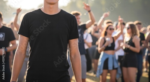 A photorealistic mockup of a person wearing a blank, black t-shirt in the crowd of a music festival with a blurred stage behind.