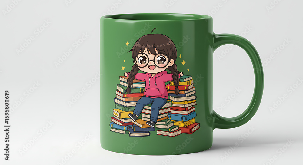Obraz premium Cozy Book Lover's Coffee Cup with a Chibi Character Hugging Books