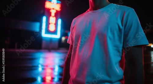 A cinematic mockup of a person wearing a blank, white t-shirt, illuminated by the beautiful, colorful glow of a neon sign at night.