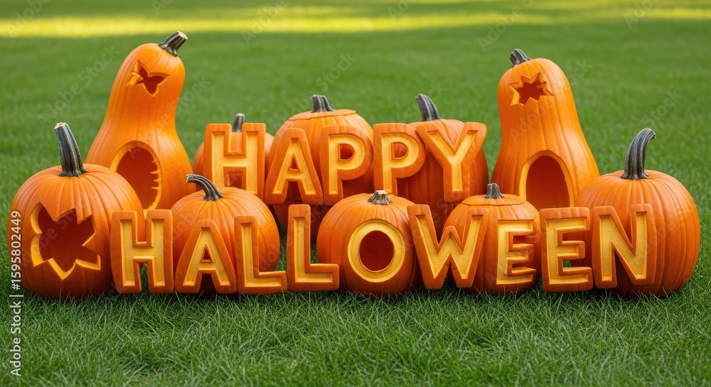 Obraz premium Carved Pumpkins Spell Happy Halloween Decoration