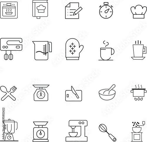 Cooking - line vector icon set. Pixel perfect. Editable stroke. The set includes a Chef's Hat, Recipe, Oven, Stove, Cooking Pan, Saucepan, Blender, Multicooker, Kettle, Microwave, Wire Whisk, Rolling 