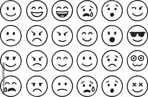 Grid of 25 hand drawn style smiley faces with various emotions