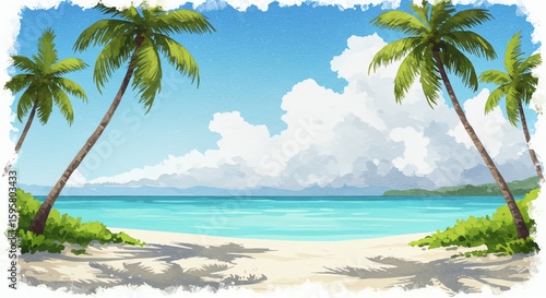 Tropical beach with palm trees and clear blue ocean