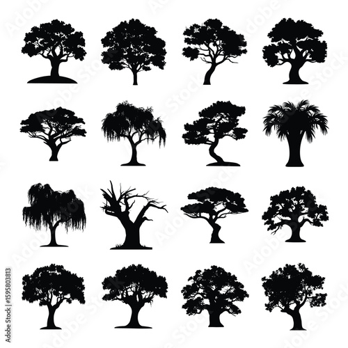 Collection of silhouetted trees in various styles