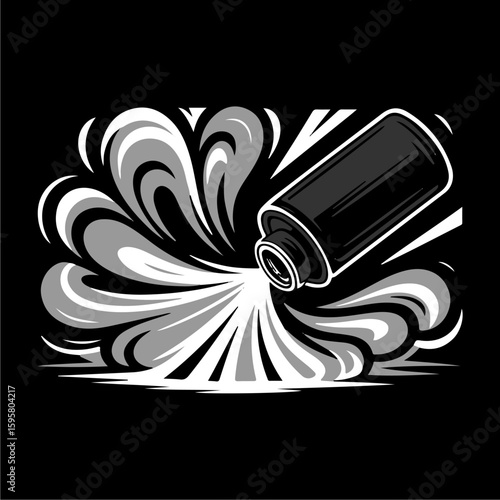 A stylized grayscale illustration of a spray paint can in action, releasing a dynamic burst of paint.