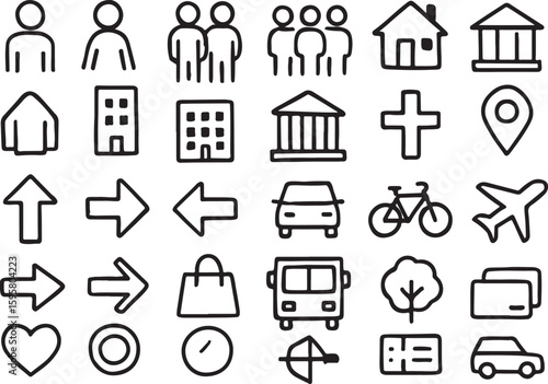 Hand drawn simple line art icons of people buildings and transport