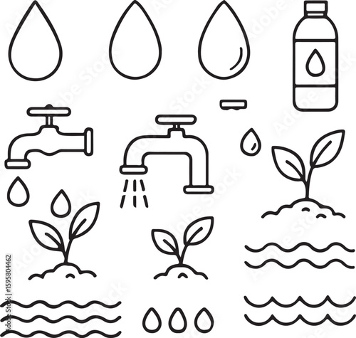 Hand drawn water drops taps and growing plants faucet