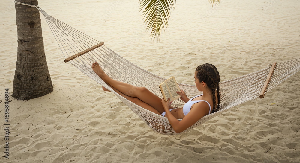 Naklejka premium Woman reading book in hammock on tropical beach