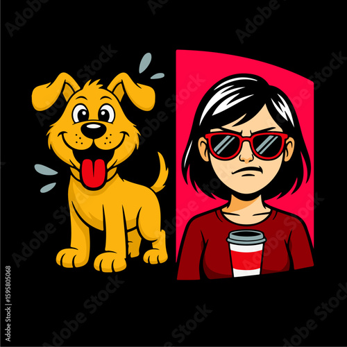 Cartoon dog happily panting next to a woman looking displeased, holding coffee.