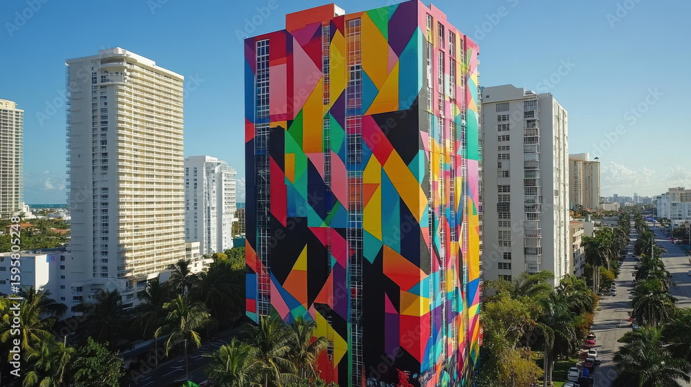 Fototapeta premium Artists painting a mural on a city building, with vibrant colors and geometric patterns, bringing life to the urban landscape through street art. —ar 16:9 