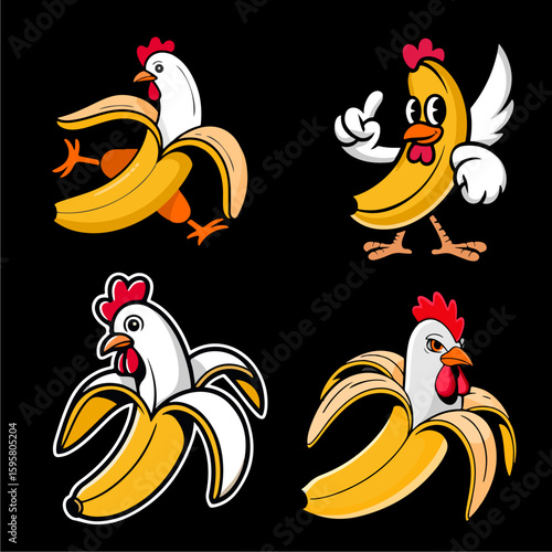 Four cartoon chicken characters transformed into bananas, in various poses, on a black background.