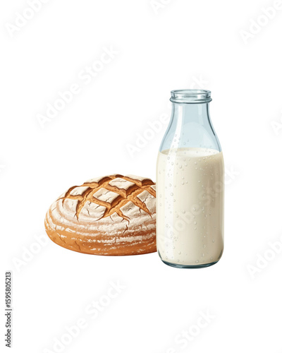 illustration of fresh bread and a bottle of milk on a clean white background. Includes a crusty loaf of artisan bread with texture detail