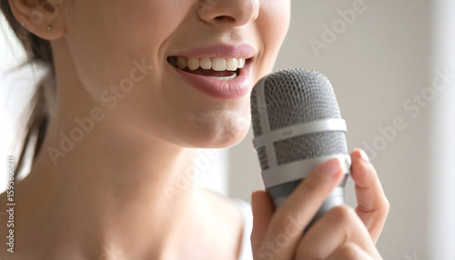 Scene with a woman's mouth and a microphone taking voice lessons