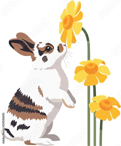 A spotted bunny standing on its hind legs smelling a cluster of three yellow flowers on a white background