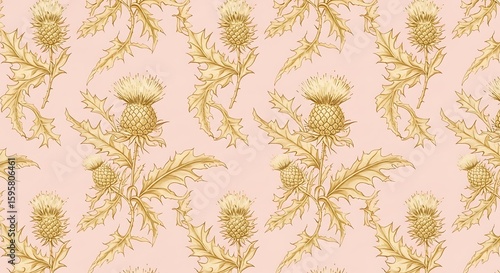 Elegant thistle flower pattern in soft gold tones on a delicate pink background creating a