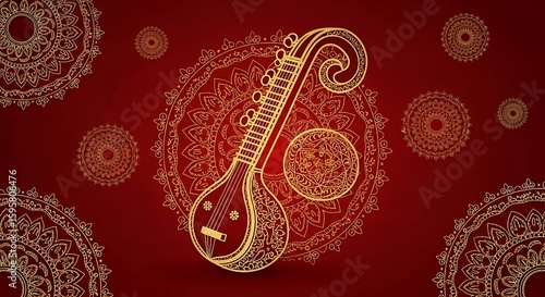 Elegant Veena Illustration with Mandala Art on Rich Red Background for Cultural Celebrations