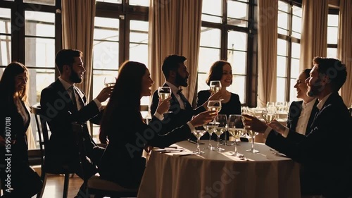 Silhouetted Group of Companions Toasting During Midday Meal