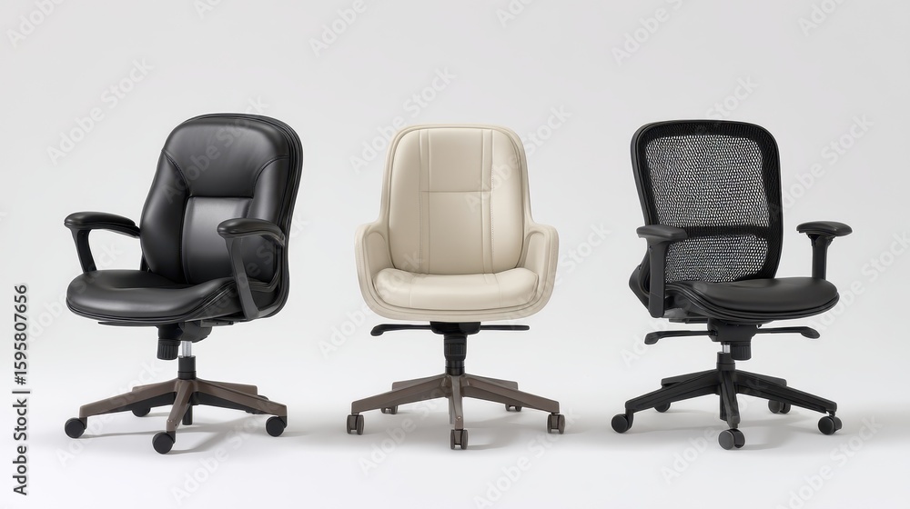 Fototapeta premium Office chair comparison ergonomic designs in a studio setting furniture showcase professional environment side view