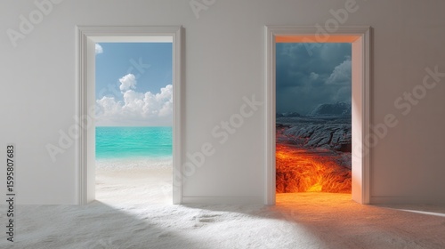 Exploring two worlds beach and volcano digital art surreal environment unique perspective