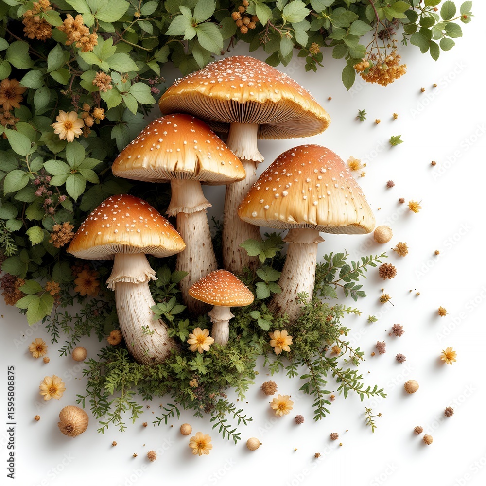 Obraz premium Orange spotted mushrooms with green foliage and small flowers white