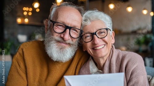 Elderly couple happily receiving social security documents in envelope, smiling with joy and relief. Retirement planning, pension benefits and senior citizen financial security concepts.
