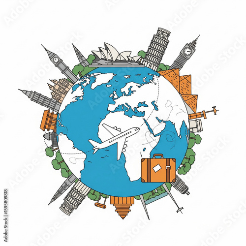 illustration of a globe surrounded by famous landmarks, airplanes flying around, and suitcase icons, travel concept, minimal flat style